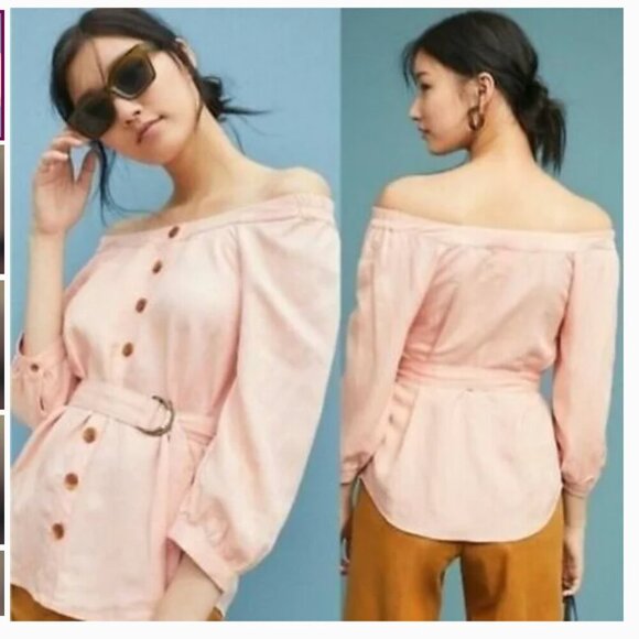Maeve Anthropologie Alanis Belted Blouse Button Up Shirt Off Shoulder pink sz 8 - Picture 2 of 16